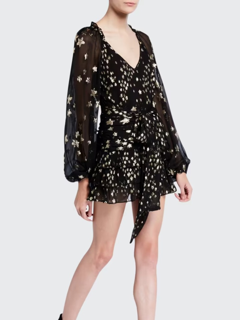 LoveShackFancy Rina Metallic Blouson-Sleeve Mini Dress 4 NWT
